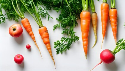 Fresh and vibrant organic baby carrots displayed on a bright white table, celebrating healthy eating and natural produce