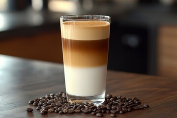 A Glass of Layered Coffee with Coffee Beans on a Wooden Table