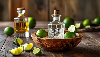 Tequila Bottles and Fresh Limes in a Rustic Wooden Bowl in Vibrant Mexico