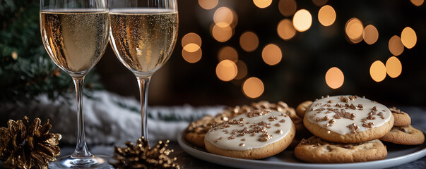 Champagne glasses for toasting the New Year paired with Christmas cookies