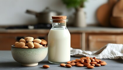 Organic almond milk and raw almonds on stone kitchen table, perfect for cooking and healthy recipes