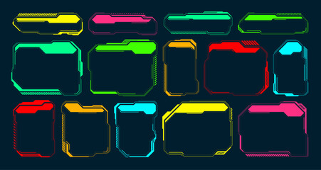 Poster - Futuristic HUD or UI elements. Sci-fi user interface text boxes, callouts. Colorful warning message frame, information boxes template. Modern game interface layout, digital style. Vector illustration