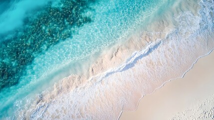 Aerial view of a tranquil beach with clear turquoise waters and soft, white sand, showcasing the beauty of nature.