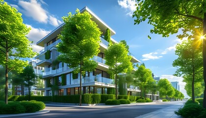 Wall Mural - Sleek urban architecture harmonizing with lush greenery and sunlight in a vibrant cityscape, captured through advanced 3D rendering techniques.