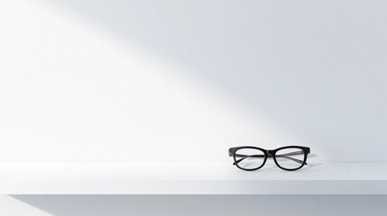 Black glasses lie on empty white shelf. Copy space