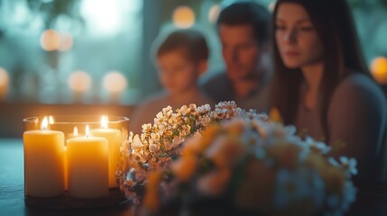Wall Mural - a family sits at a table lit by candles and surrounded by flowers.