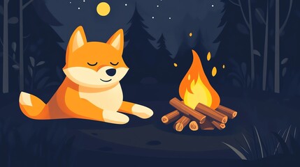 a cozy illustration of a fox relaxing by a campfire in a serene forest at night, surrounded by trees