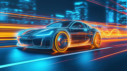 Futuristic electric vehicle speeding on an open highway, surrounded by glowing energy lines symbolizing innovation and advancement in sustainable transportation technology.