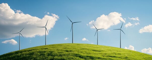 Wind turbines on a green hill under a clear blue sky with fluffy clouds.