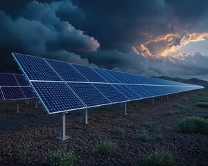 Wall Mural - Solar farm under a dramatic sky with storm clouds