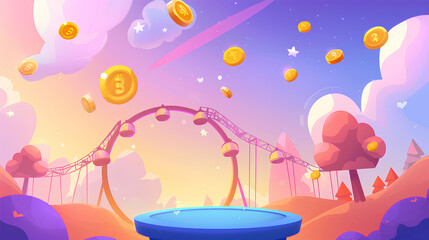 Cartoon style, cartoon background with clouds and buildings in the sky, a round podium on top of it, coins flying around, amusement park in the distance, yellow pink blue gradient color scheme