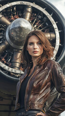 A woman stands in front of an airplane engine, wearing a leather jacket