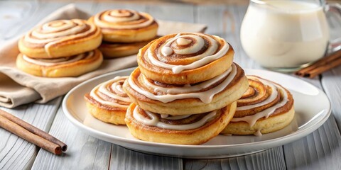 Wall Mural - Pancakes topped with cinnamon roll swirls on a white plate