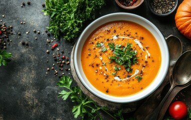 Wall Mural - Pumpkin Soup with Cream and Parsley