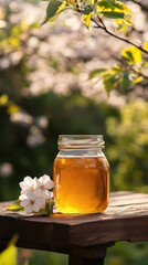 honey jar with apple blossoms on wooden table outdoors