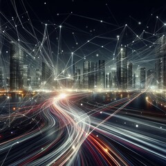 Wall Mural - A nighttime view of a futuristic city where abstract digital light trails crisscross the skyline, symbolizing the flow of data and energy in an interconnected urban landscape. The vibrant energy of