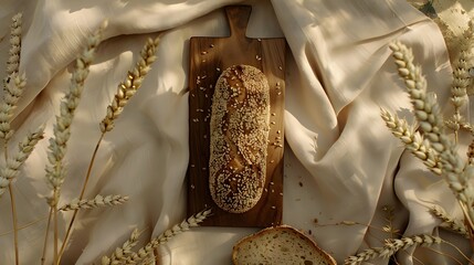 Whole grain bread on a wooden board with seeds, surrounded by a beige cloth and wheat stalks.