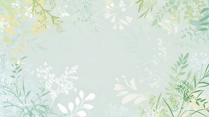 Soft green and white floral border on a light blue background with copy space in the center.