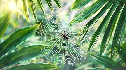 Spider web with dew droplets glistening in the sunlight, set among tropical leaves in nature. Seamless looping time-lapse video background