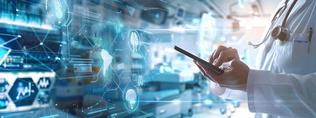 Poster - An illustration of a doctor's hands holding a tablet with a digital interface and a glowing digital anatomical icon on the chest
