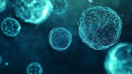 Aufkleber - Abstract 3D rendering of blue glowing spheres connected by lines on a dark blue background.