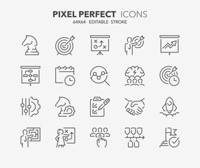 line icons about action plan. contains such icons as search strategy, target, scheme, timeline and w