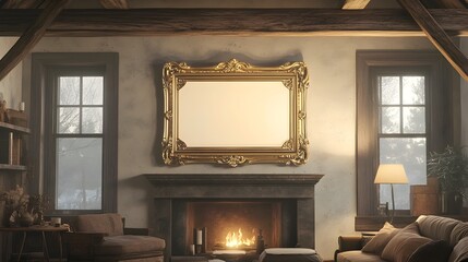 Wall Mural - Cozy farmhouse living space featuring exposed beams vintage inspired furnishings and an ornate gilded frame hung above the fireplace