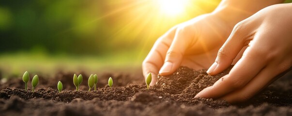 Hands planting seeds in soft, fertile soil with sunlight filtering through, symbolizing growth and sustainability