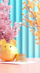 Canvas Print - Piggy Bank with Coins and Flowers on a Pink Background.