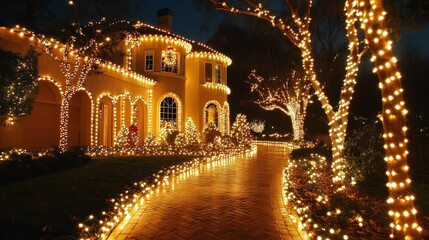  Beautiful house adorned with glowing Christmas lights, surrounded by trees and pathways wrapped in festive lighting.