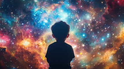 Wall Mural - Illustrate a rear view of a childs silhouette in front of vibrant, multicolored galaxies, symbolizing boundless imagination