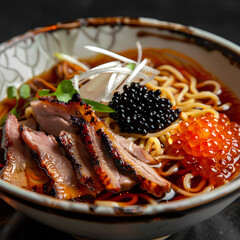 most expensive plate in Japan, featuring slices of smoked duck with noodles and black caviar with black sea truffle oil, beautifully presented on an elegant ceramic bowl.