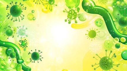 Poster - Abstract background with green viruses and bacteria on a yellow and white background.