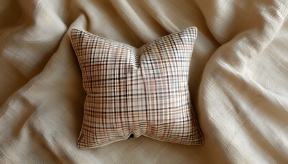 Cozy pastel plaid heart-shaped cushion resting on textured beige fabric, radiating warmth and comfort