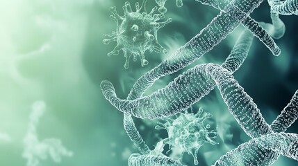 Aufkleber - Abstract image of DNA strands and virus particles on a green background.