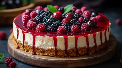 A delicious cheesecake topped with a berry sauce and fresh raspberries, blackberries, and cherries.