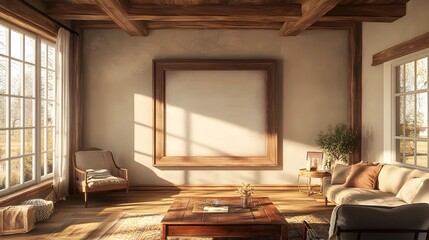 Wall Mural - Inviting farmhouse great room showcasing exposed beam ceiling reclaimed wood floors and a handcrafted wooden frame prominently displayed on the wall