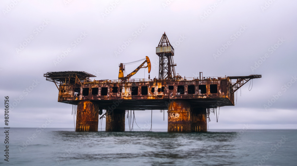 An abandoned oil rig rises from the ocean, showcasing rust and decay ...