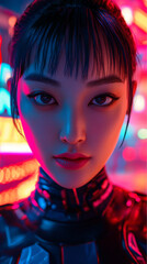 Wall Mural - Close-up of a Korean woman with sleek, tied-up hair, wearing a sharp, futuristic outfit, looking directly into the camera with a confident smile. 