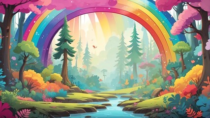 Wall Mural - Cartoon Forest Rainbow Cartoon Background Design