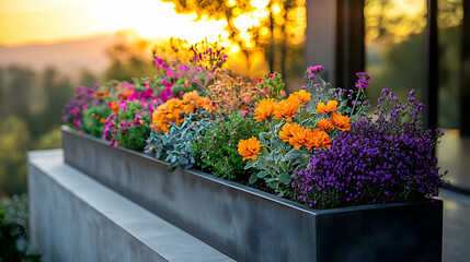 A colorful arrangement of flowering plants in a modern outdoor planter, placed on a patio bathed in golden evening light, evoking relaxation, outdoor living, and natural beauty