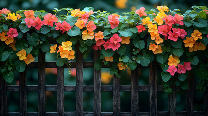 A colorful flowering bougainvillea vine climbing a rustic wooden trellis, bathed in warm evening light, evoking tropical beauty, outdoor elegance, and natural vibrancy