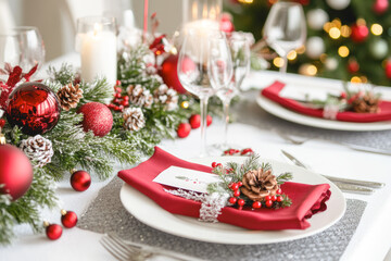 A table with a red napkin and a white plate with a red flower on it