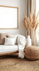 Mockup frame in a farmhouse style living room setting featuring vintage inspired decor woven textures and natural linen curtains in an earthy color palette creating a cozy and serene atmosphere