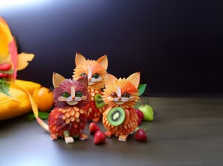 Three fruit cats made out of fruit and vegetables.