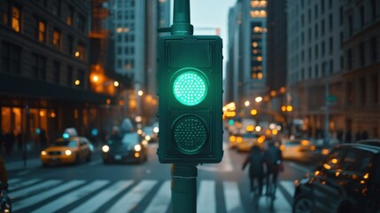 traffic light with green light on. set against a background of a busy city street, with cars parked on both sides and tall buildings towering in the distance.