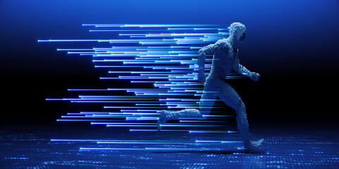 Poster - Man made of cubes runs along a digital road, leaving behind glowing trails