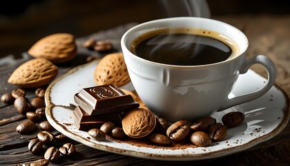 Wall Mural - Sophisticated Black Coffee in White Cup Accompanied by Almond Chocolate and Coffee Beans on Rustic Wooden Table for Coffee Enthusiasts and Morning Motivation