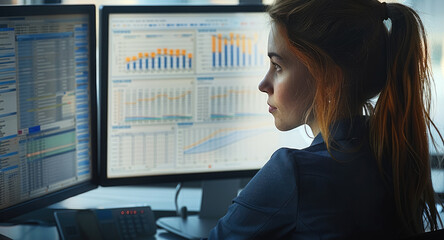 Aufkleber - A corporate financial analyst woman working on her computer, surrounded by financial charts and documents.