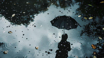 Wall Mural - shadow from an umbrella on water, seen in reflection and refraction, with raindrops creating ripples around it. The person holding the black colored umbrella is also visible.